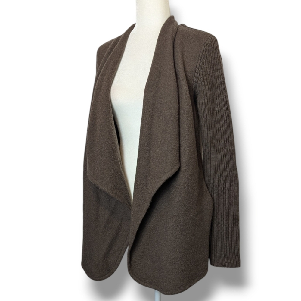 Vince 100% Wool Waterfall Drape Front Cardigan Ribbed Sleeves Mocha Brown Small
